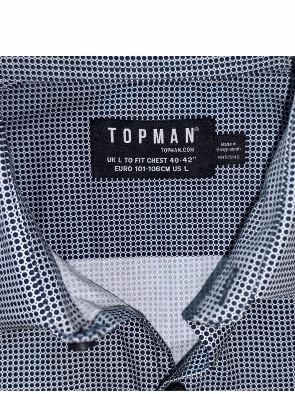 Topman Men’s Slim Fit Button-Up Shirt | Dark Navy Micro-Dot | Size Large - Picture 10 of 10